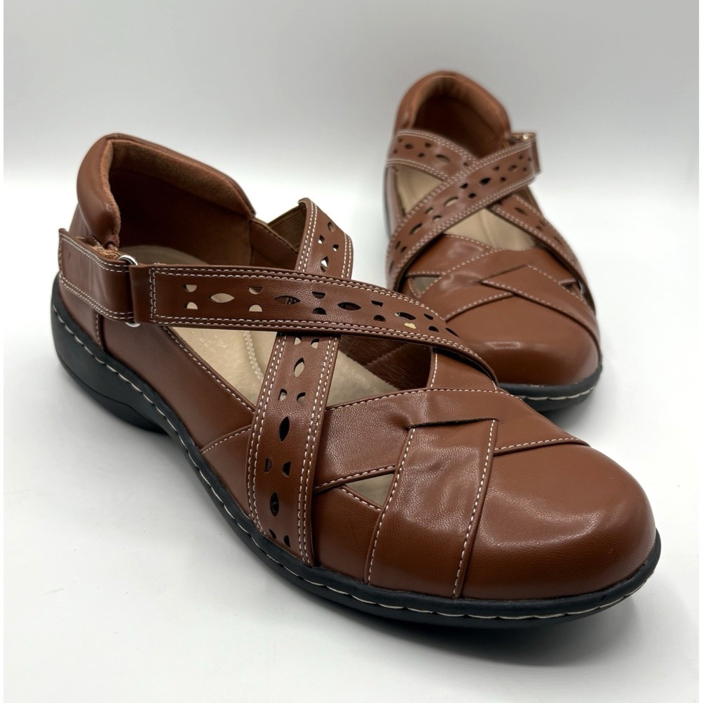 Unbranded Mary Jane Shoes Women's Size 8 Brown Faux Leather Zip & Loop Flat